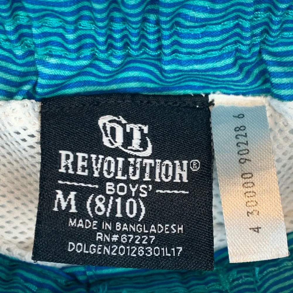 OT Revolution Boys M 8/10 Blue Striped Swim Trunks Mesh Lined Pockets Elastic